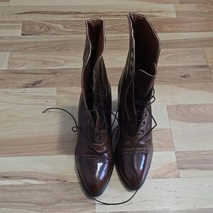 MorganTaylor Made In Italy  Leather Lace-Up Ankle Boots Brown Block Heel W7.5